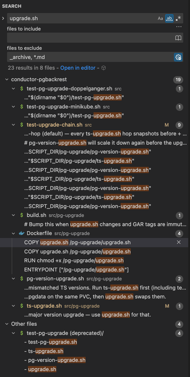 Screenshot of VS Code search showing whole-word search for `upgrade.sh` matching inside `pg-upgrade.sh`, `ts-upgrade.sh`, `pg-version-upgrade.sh`, etc.